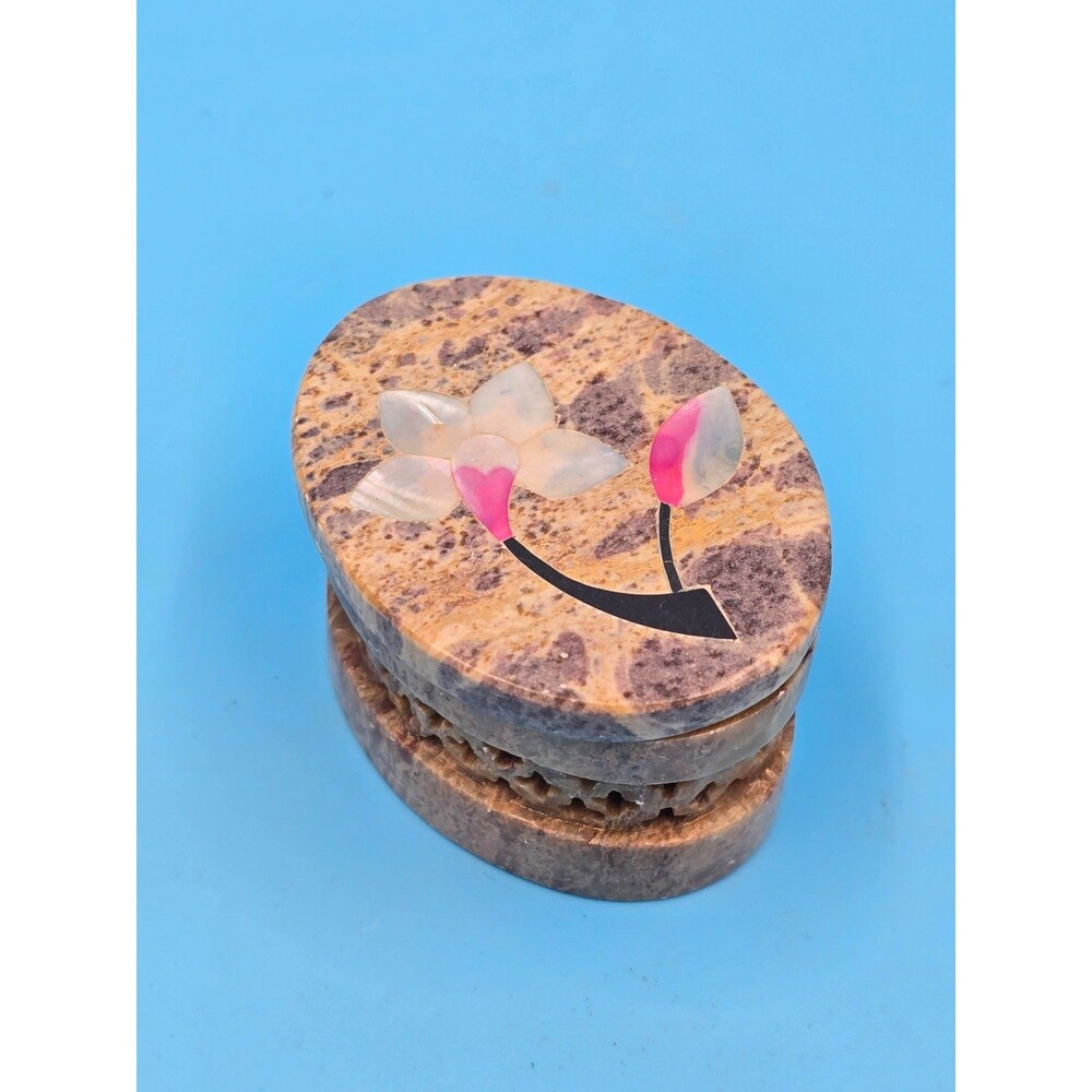 Vintage Granite Marble Oval Trinket Box with Inlaid Mother of Pearl Flowers